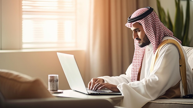 Rab saudí usando una computadora portátil para trabajar en línea IA generativa