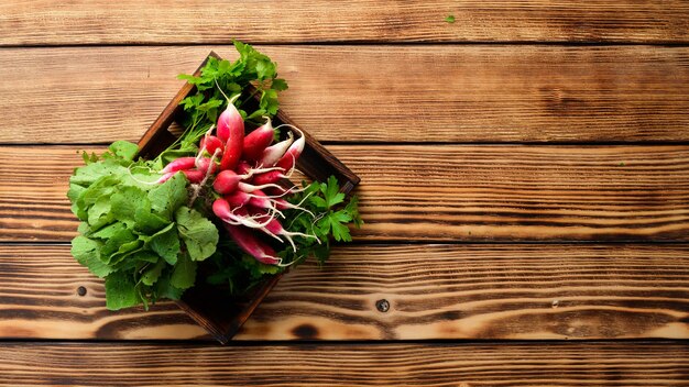 Rábano fresco en una mesa de madera Verduras frescas Vista superior Espacio libre para texto