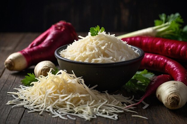 Foto rábano picante recién rallado junto al borscht