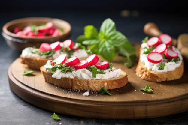 Rábano y ricotta bruschetta vegana en un plato de piedra rústico