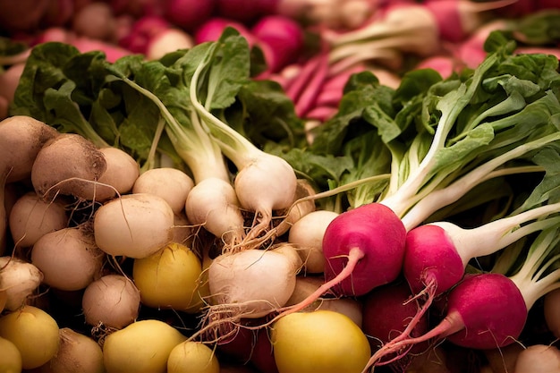 Rábanos crudos frescos del jardín con raíces y puntas para ensalada de rábano