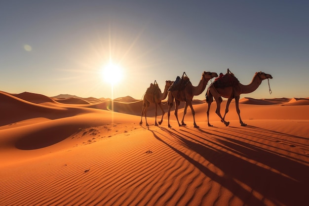 Árabes com passeio de camelos no deserto do Saara com passeio guiado berbere Dubai no nascer do sol da manhã Generative Ai