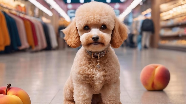 Raça de cão pequeno poodle cor de pêssego está no centro comercial