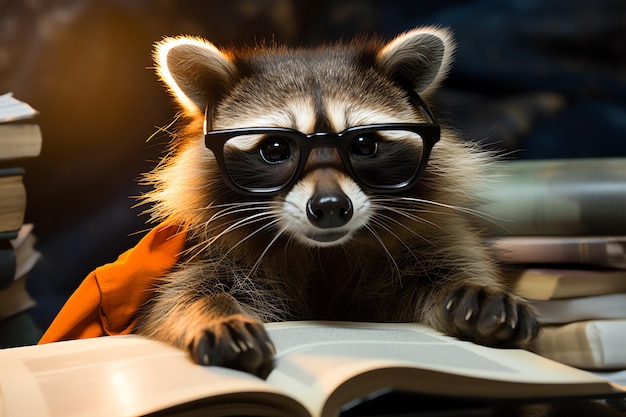 Raccoon antropomórfico geek com óculos e quadrinhos animal imaginário engraçado