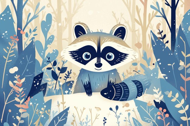 Raccoon bonito na floresta Ilustração em estilo desenhado à mão para um livro infantil ou cartões postais