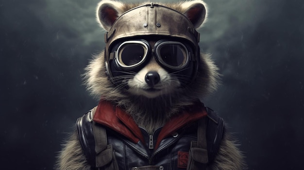 Raccoon en una chaqueta con casco y gafas