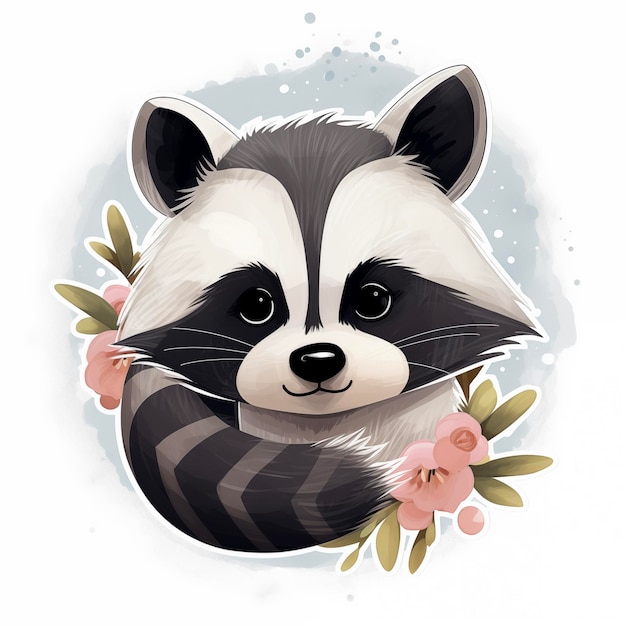 Foto raccoon com flores cor-de-rosa