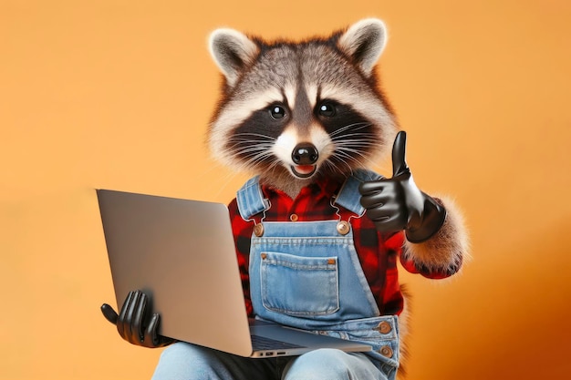 Raccoon com laptop mostrando polegares para cima em fundo colorido