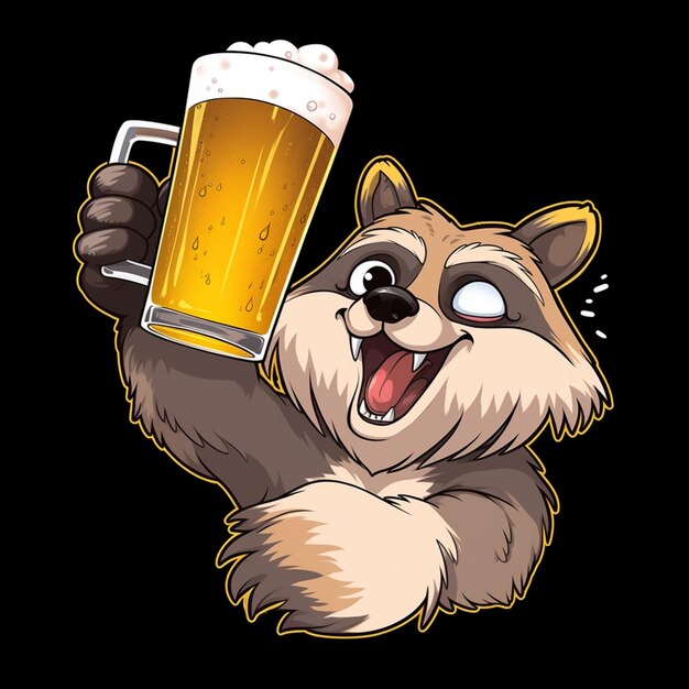 raccoon de desenho animado segurando uma caneca de cerveja com sua pata para cima ai generativa