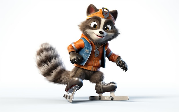 Raccoon de patinação em rolos usando jaqueta 3D Personagem isolado em fundo branco