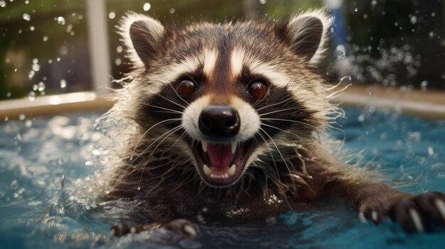 Raccoon emocionado en la piscina nadando y jugando en el agua IA generativa