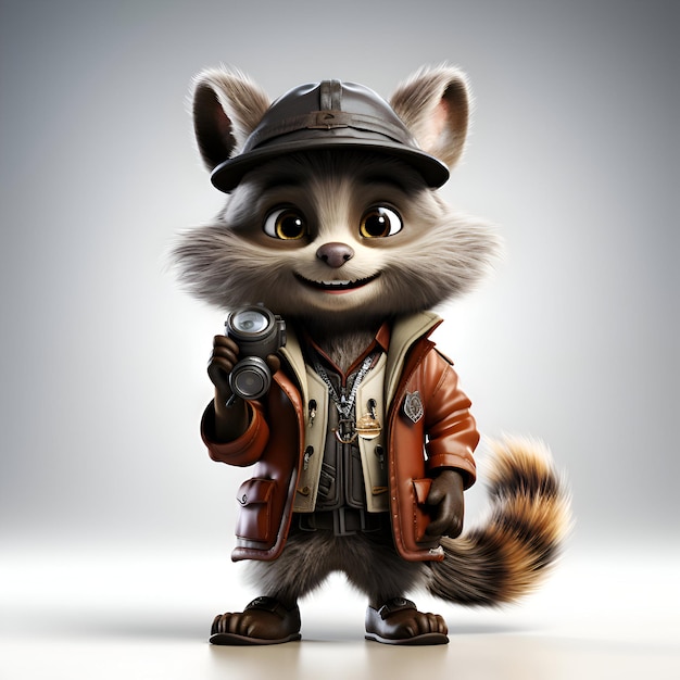 Raccoon engraçado com uma jaqueta de couro e um chapéu com uma câmera