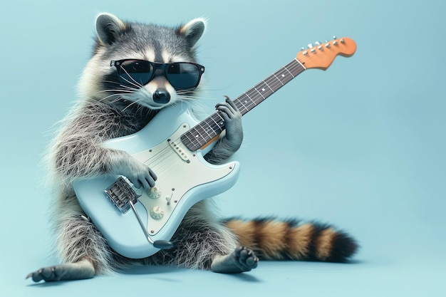 Raccoon engraçado em óculos de sol tocando uma guitarra elétrica em um fundo verde