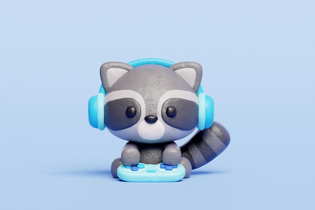 Raccoon lindo en 3D jugando al videojuego Personaje animal de dibujos animados renderización en 3D