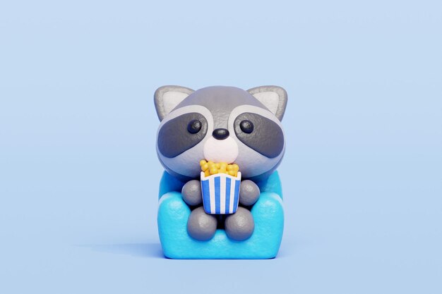 Raccoon lindo en 3D viendo una película Personaje animal de dibujos animados renderización en 3D