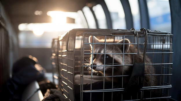 Foto raccoon senta-se em uma gaiola de transporte no carro viajando com animais de estimação