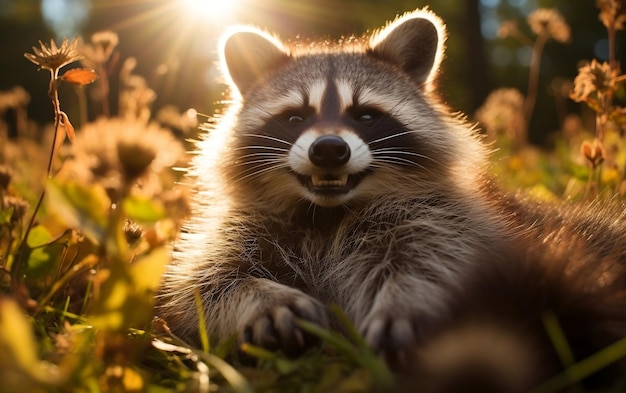 Raccoon sentado na grama AI