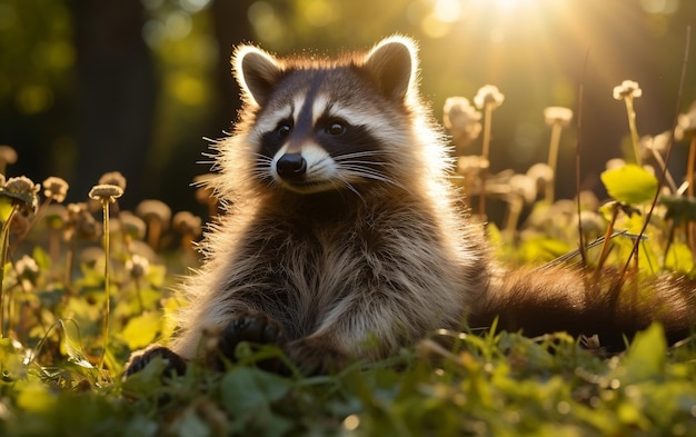 Raccoon sentado na grama AI