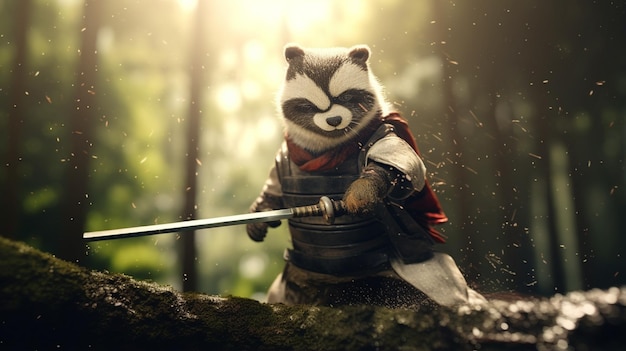 raccoon vestindo samurai segurando uniformes com sobre fundo de floresta de bambu AI gerativa