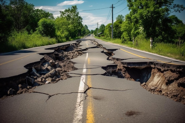 Foto racha a estrada da rua após o terremoto