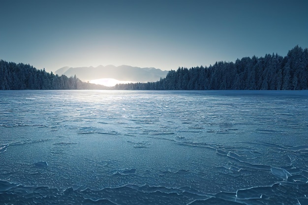 Rachaduras na superfície do gelo azul Lago congelado 3drender Raster ilustração