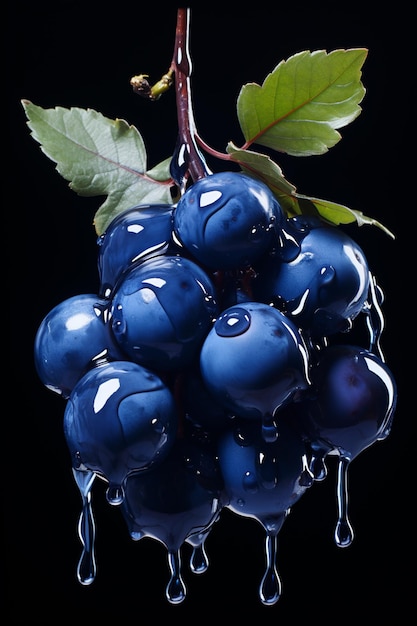 Racimo arafed de uvas azules con gotas de agua sobre ellas ai generativa