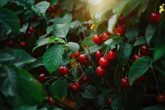 Un racimo de cerezas rojas maduras cuelga de las ramas de un árbol