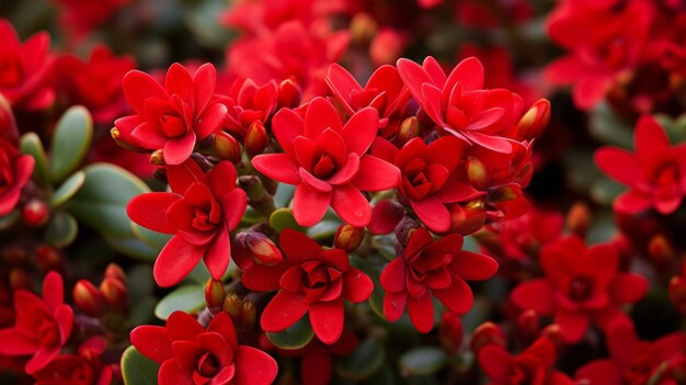 Un racimo de flores rojas con hojas verdes