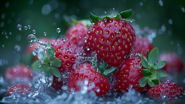 Un racimo de fresas flotando en el agua