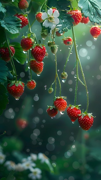 Un racimo de fresas maduras cuelga de una rama de un árbol bajo la lluvia