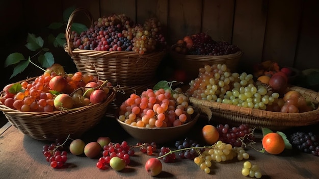 Un racimo de frutas en cestas con una de ellas etiquetada como 'uvas'