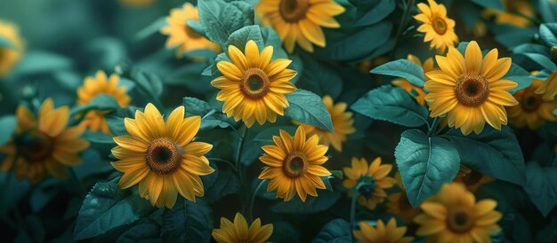 Un racimo de girasoles amarillos y hojas verdes