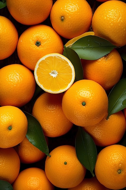 Un racimo de naranjas con la mitad cortada en el medio