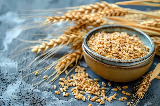 Un racimo de orejas de trigo doradas junto a un cuenco de granos en una mesa de madera rústica que encarna la bondad natural de granos enteros