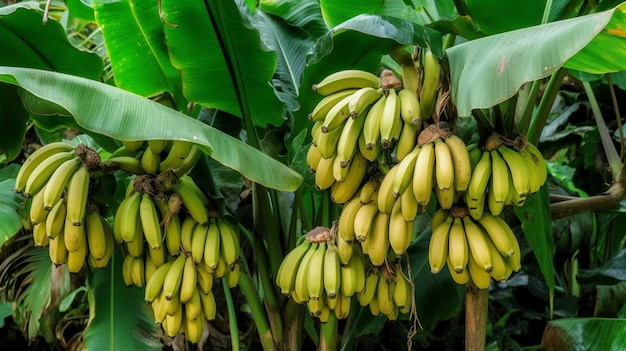 Un racimo de plátanos en un árbol