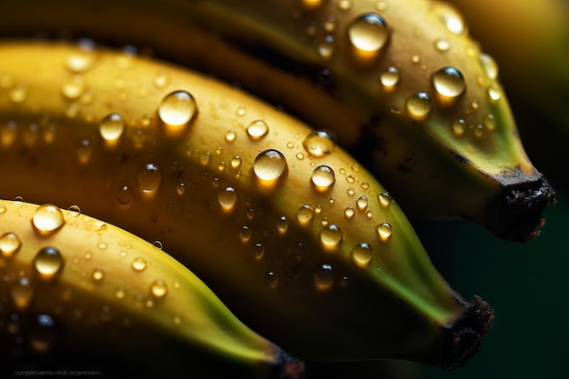 Un racimo de plátanos con gotas de agua sobre ellos