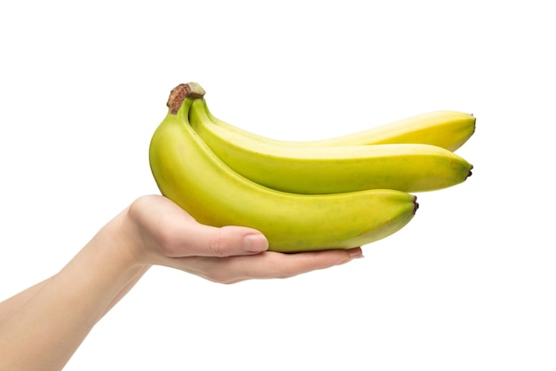 Un racimo de plátanos en mano de mujer aislado sobre un fondo blanco.