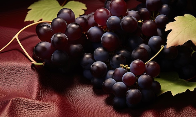 Foto un racimo rojo de uvas maduras de cabernet sauvignon sobre el fondo de cuero envejecido exquisita naturaleza muerta