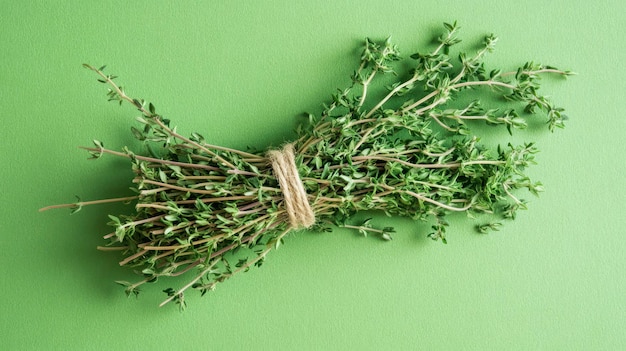 Un racimo de tomillo aromático sobre un fondo verde y ramas de hierbas frescas atadas con un cordón