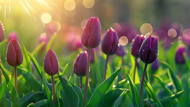 Un racimo de tulipanes púrpuras cubiertos de gotas de agua