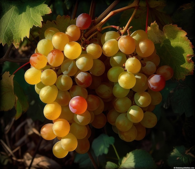 Un racimo de uvas amarillas cuelga