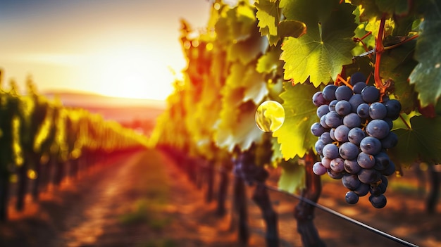 Racimo de uvas azules colgando de un viñedo con espacio de copiaracimo de uvas rojas maduras al atardecer