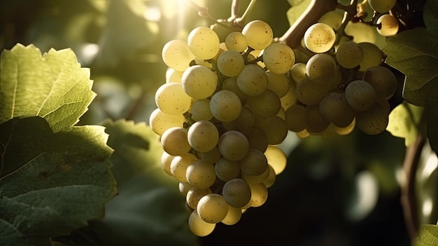 Un racimo de uvas blancas cuelga de una vid.