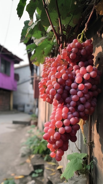 Un racimo de uvas colgado en una pared.