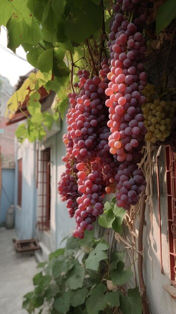 Un racimo de uvas colgando de una casa