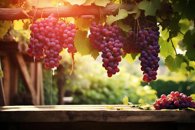 Un racimo de uvas colgando de una vieja pérgola de madera