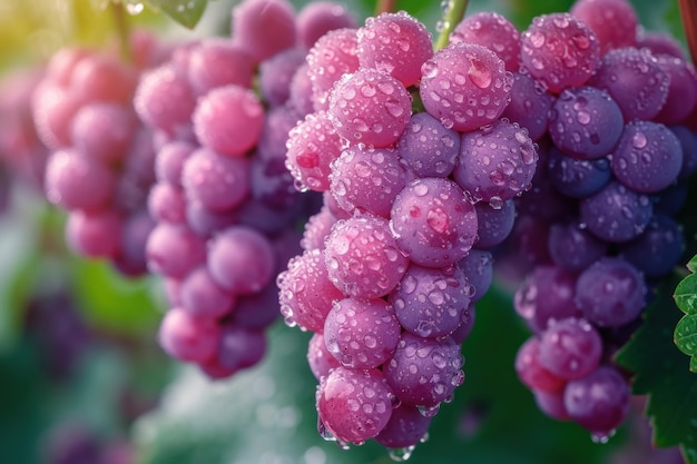 Un racimo de uvas cubierto de rocío matinal colgando de una vid