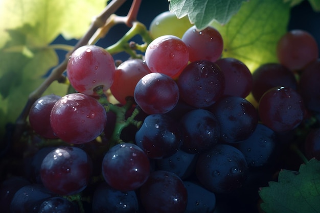 Un racimo de uvas está sobre una mesa con una hoja verde.