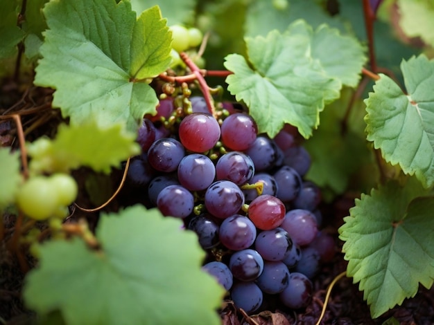 un racimo de uvas están en una vid con una hoja verde