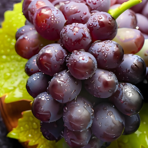 Un racimo de uvas frescas y jugosas con gotas de agua en la parte superior